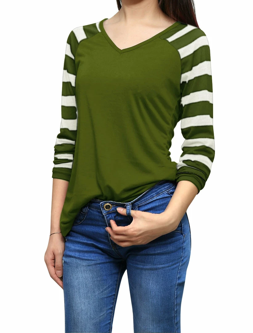 Allegra K Striped Long Raglan Sleeves V Neck Tee Shirt 4 Allegra K Striped Long Raglan Sleeves V Neck Tee Shirt