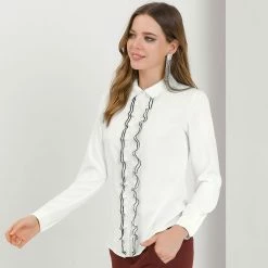 Allegra K Women's Elegant Ruffle Trim Button Up Long Sleeve Blouse