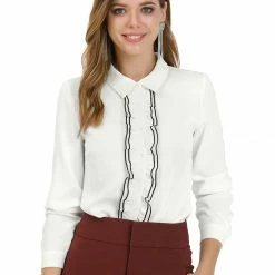 Allegra K Women's Elegant Ruffle Trim Button Up Long Sleeve Blouse