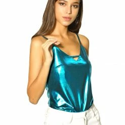 Allegra K Women's Metallic Shiny Party Tank Top Sexy Deep V Camisole Tops