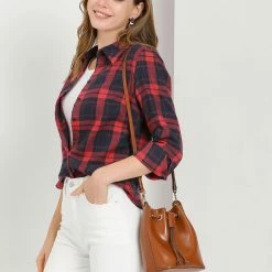 Allegra K Women's Button Down Collar Long Sleeve Top Plaid Shirt 12 Allegra K Women's Button Down Collar Long Sleeve Top Plaid Shirt