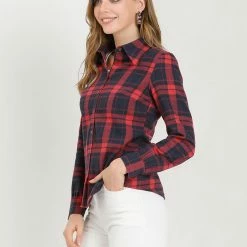 Allegra K Women's Button Down Collar Long Sleeve Top Plaid Shirt 13 Allegra K Women's Button Down Collar Long Sleeve Top Plaid Shirt