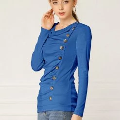 Women Allegra K Cowl Neck Long Sleeves Buttons Decor Ruched Top 122 Women Allegra K Cowl Neck Long Sleeves Buttons Decor Ruched Top