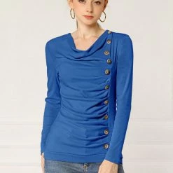 Women Allegra K Cowl Neck Long Sleeves Buttons Decor Ruched Top 124 Women Allegra K Cowl Neck Long Sleeves Buttons Decor Ruched Top