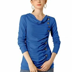 Women Allegra K Cowl Neck Long Sleeves Buttons Decor Ruched Top 121 Women Allegra K Cowl Neck Long Sleeves Buttons Decor Ruched Top