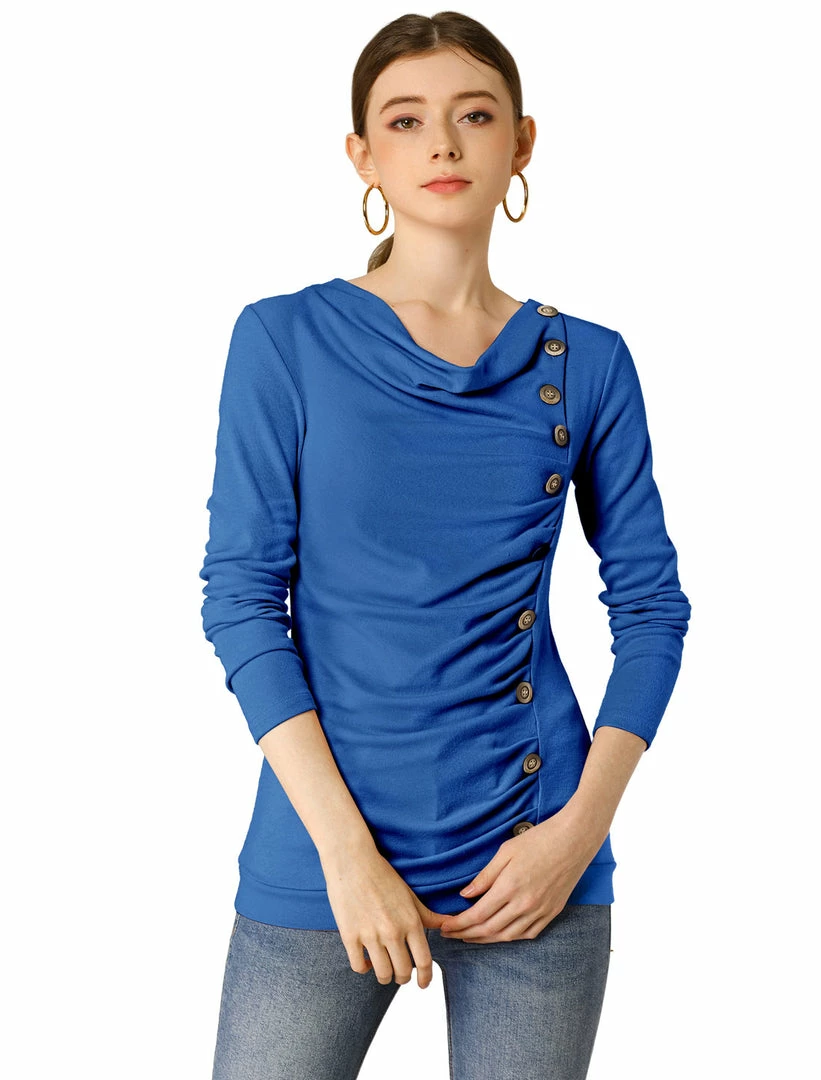 Women Allegra K Cowl Neck Long Sleeves Buttons Decor Ruched Top 34 Women Allegra K Cowl Neck Long Sleeves Buttons Decor Ruched Top