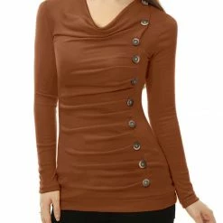 Women Allegra K Cowl Neck Long Sleeves Buttons Decor Ruched Top 117 Women Allegra K Cowl Neck Long Sleeves Buttons Decor Ruched Top