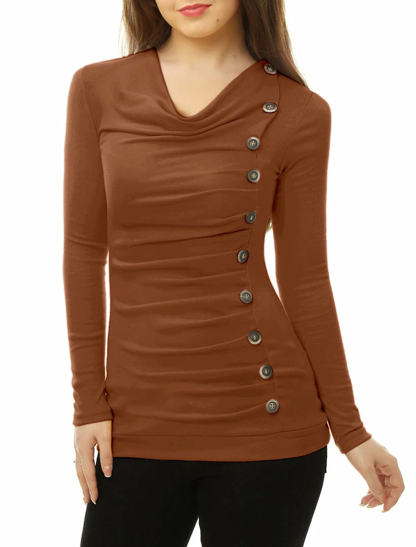 Women Allegra K Cowl Neck Long Sleeves Buttons Decor Ruched Top 30 Women Allegra K Cowl Neck Long Sleeves Buttons Decor Ruched Top