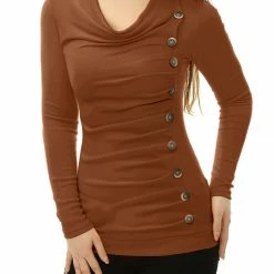 Women Allegra K Cowl Neck Long Sleeves Buttons Decor Ruched Top