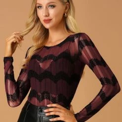 Allegra K Women's Lace Knit Blouse Round Neck Long Sleeve Chevron Sheer Fitted Top Shirt 11 Allegra K Women's Lace Knit Blouse Round Neck Long Sleeve Chevron Sheer Fitted Top Shirt