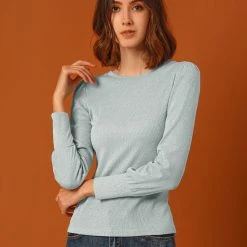 Allegra K Women's Metallic Sparkle Glitter Top Blouse Crew Neck Puff Long Sleeve Vintage Knit Shirt