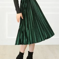 Allegra K Women's High Elastic Waist Velvet Pleated Swing Midi Skirt