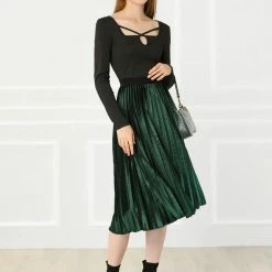 Allegra K Women's High Elastic Waist Velvet Pleated Swing Midi Skirt