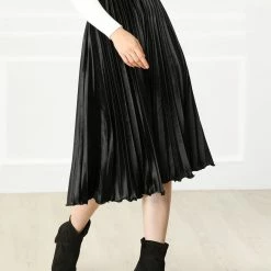 Allegra K Women's High Elastic Waist Velvet Pleated Swing Midi Skirt