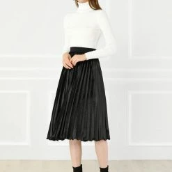 Allegra K Women's High Elastic Waist Velvet Pleated Swing Midi Skirt