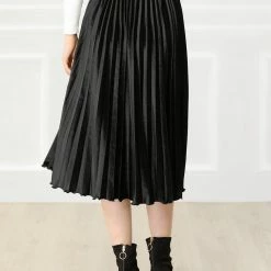 Allegra K Women's High Elastic Waist Velvet Pleated Swing Midi Skirt