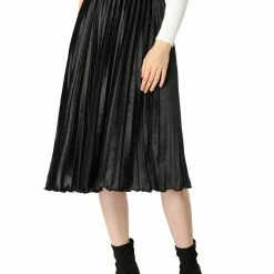 Allegra K Women's High Elastic Waist Velvet Pleated Swing Midi Skirt