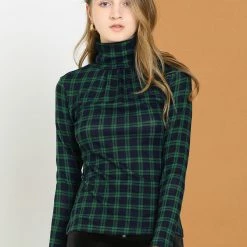 Allegra K Women's Turtleneck Long Sleeve Slim Plaid Shirt Blouse