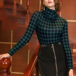 Allegra K Women's Turtleneck Long Sleeve Slim Plaid Shirt Blouse