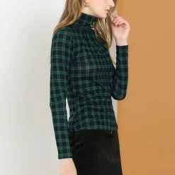 Allegra K Women's Turtleneck Long Sleeve Slim Plaid Shirt Blouse