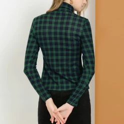 Allegra K Women's Turtleneck Long Sleeve Slim Plaid Shirt Blouse