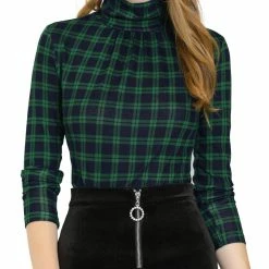 Allegra K Women's Turtleneck Long Sleeve Slim Plaid Shirt Blouse
