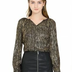 Allegra K Women's Party Glitter V Neck Ruffle Cuff Metallic Shiny Stripe Top