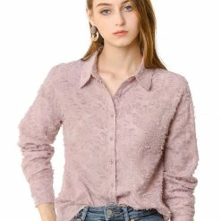 Allegra K Women's Textured Button Up Shirt Turn Down Collar Long Sleeve Work Top Blouse