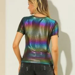 Allegra K Women's Party Metallic Textured Short Sleeve Shiny Multicolor Top