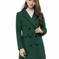 Women Allegra K Double Breasted Notched Lapel Coat With Side Flap Pockets