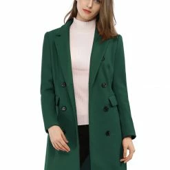 Women Allegra K Double Breasted Notched Lapel Coat With Side Flap Pockets