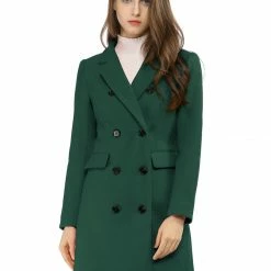 Women Allegra K Double Breasted Notched Lapel Coat With Side Flap Pockets