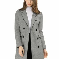 Women Allegra K Double Breasted Notched Lapel Coat With Side Flap Pockets