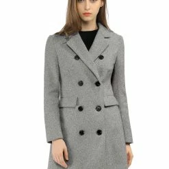 Women Allegra K Double Breasted Notched Lapel Coat With Side Flap Pockets