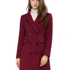 Women Allegra K Double Breasted Notched Lapel Coat With Side Flap Pockets