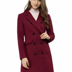 Women Allegra K Double Breasted Notched Lapel Coat With Side Flap Pockets