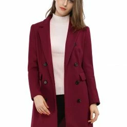 Women Allegra K Double Breasted Notched Lapel Coat With Side Flap Pockets