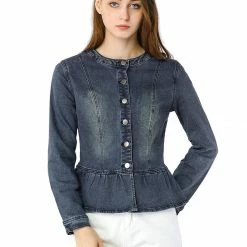 Allegra K Round Collar Peplum Denim Jacket