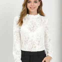 Allegra K Women‘s Chroect Lace See Through Floral Color Block Blouse
