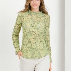 Allegra K Women‘s Chroect Lace See Through Floral Color Block Blouse