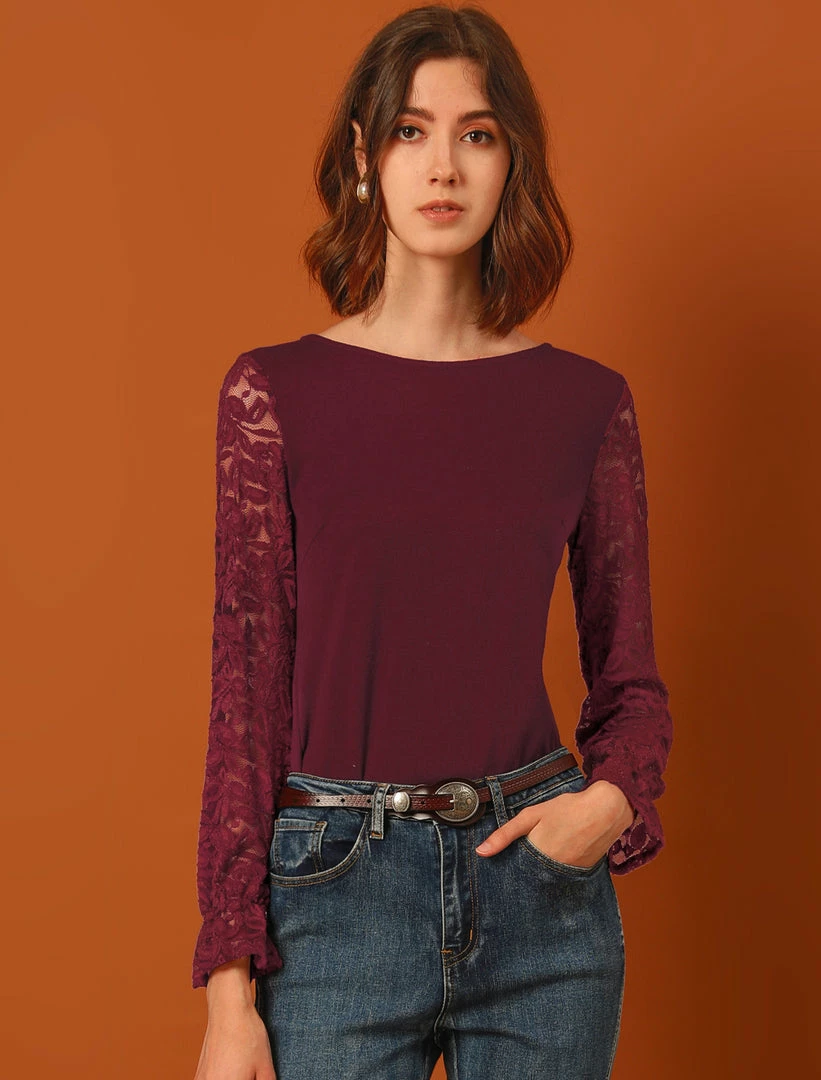 Allegra K Women's Lace Long Flare Sleeve Knit Blouse Top 12 Allegra K Women's Lace Long Flare Sleeve Knit Blouse Top