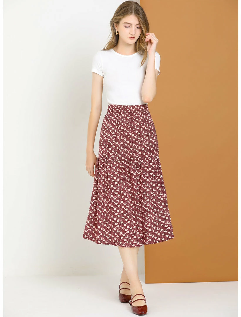Allegra K Women's Vintage A-Line Elastic Waist Dots Floral Midi Skirt 5 Allegra K Women's Vintage A-Line Elastic Waist Dots Floral Midi Skirt