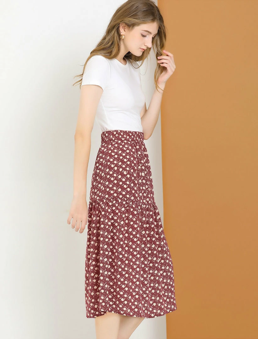 Allegra K Women's Vintage A-Line Elastic Waist Dots Floral Midi Skirt 7 Allegra K Women's Vintage A-Line Elastic Waist Dots Floral Midi Skirt