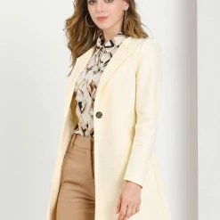 Allegra K One Button Collarless Mid-Length Coat