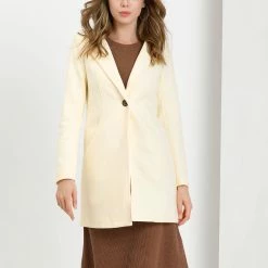 Allegra K One Button Collarless Mid-Length Coat