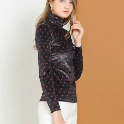 Allegra K Women's Polka Dots Turtle Neck Stretch Velvet Peasant Top 13 Allegra K Women's Polka Dots Turtle Neck Stretch Velvet Peasant Top