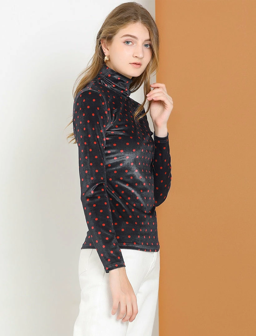 Allegra K Women's Polka Dots Turtle Neck Stretch Velvet Peasant Top 7 Allegra K Women's Polka Dots Turtle Neck Stretch Velvet Peasant Top