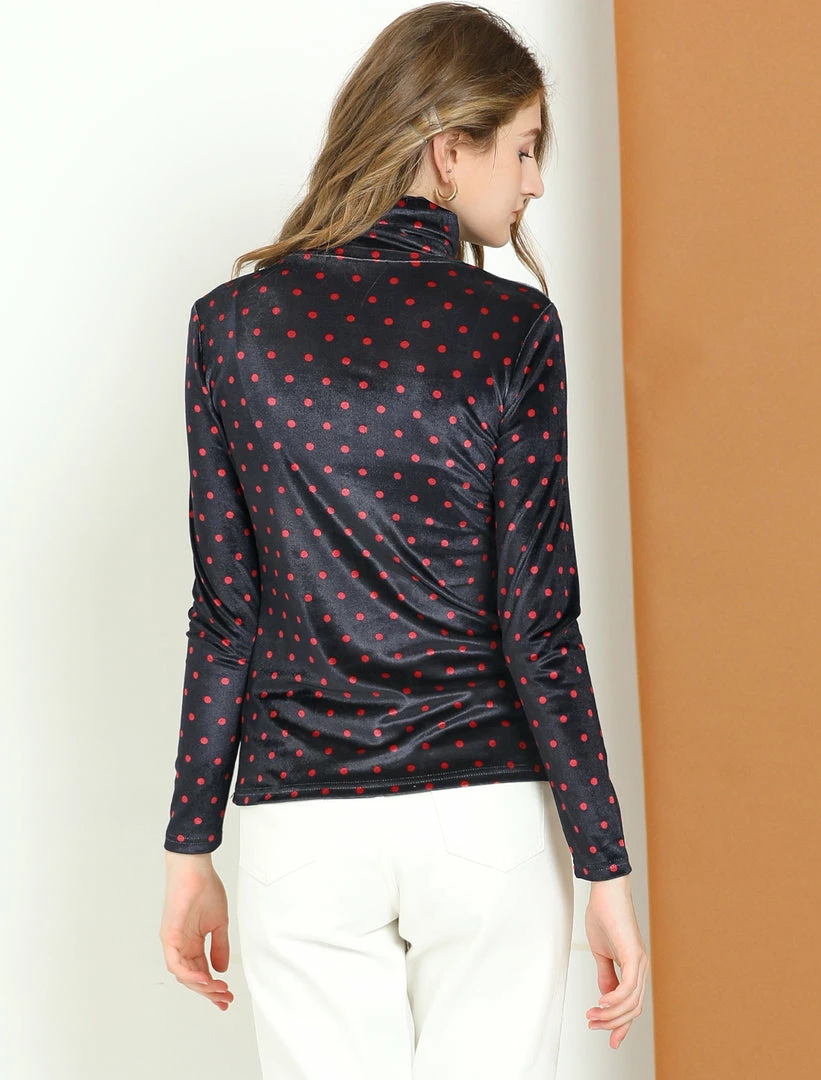 Allegra K Women's Polka Dots Turtle Neck Stretch Velvet Peasant Top 8 Allegra K Women's Polka Dots Turtle Neck Stretch Velvet Peasant Top