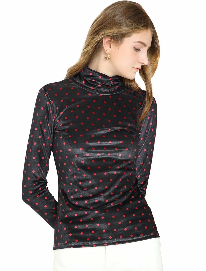 Allegra K Women's Polka Dots Turtle Neck Stretch Velvet Peasant Top 4 Allegra K Women's Polka Dots Turtle Neck Stretch Velvet Peasant Top