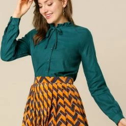 Allegra K Women's Ruffled Tie Neck Raglan Sleeve Button Up Office Shirt